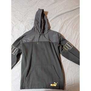 PUMA Mens Small Gold Logo Winterized Pullover Fleece Hoodie Black Gold
